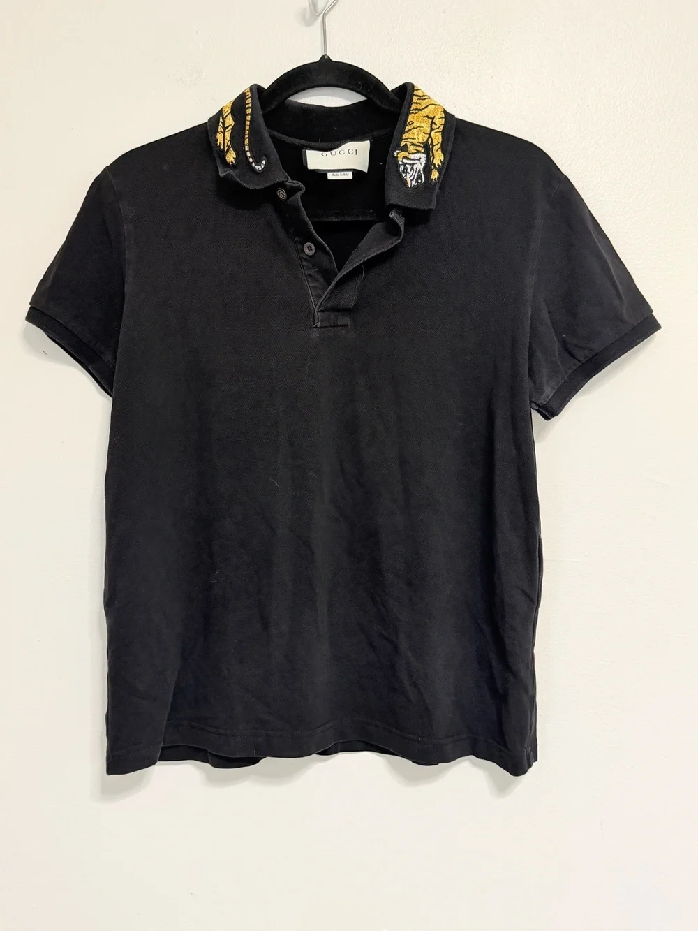 Gucci Black Polo with Yellow Tiger-Print Collar Detail medium
